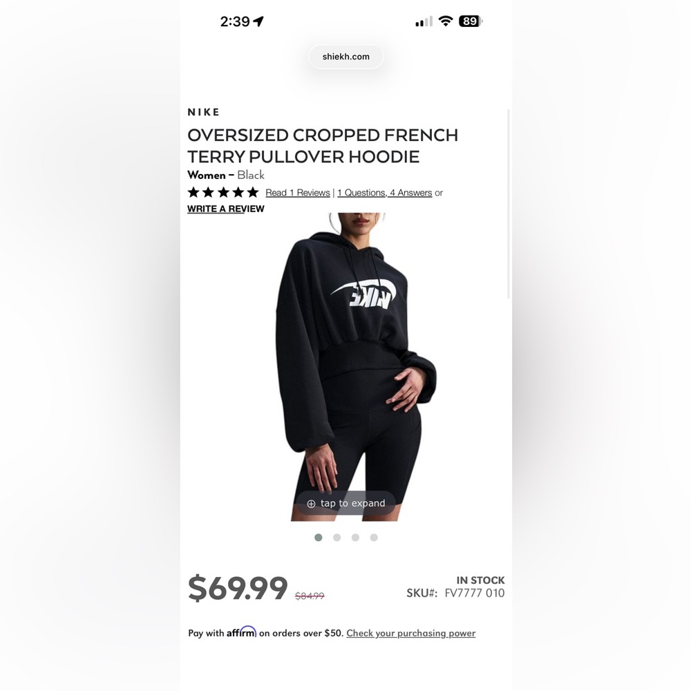 Women’s nike crop French terry hoodie